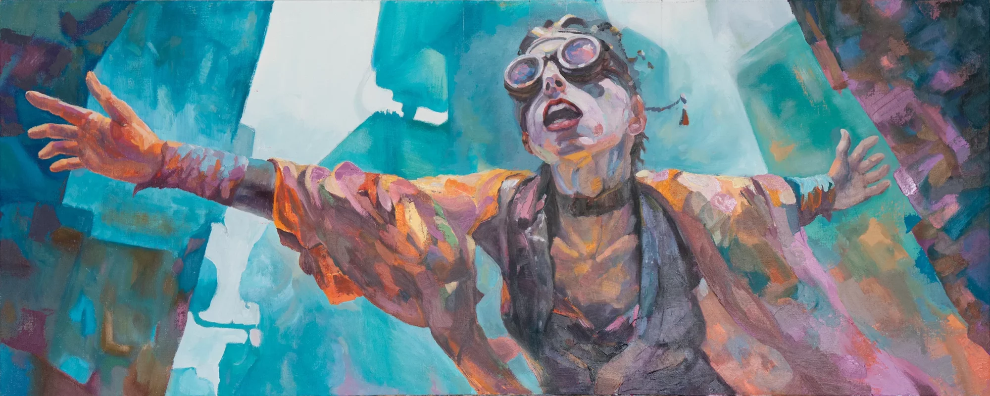Oil painting "Transmission" depicts a central figure wearing goggles with arms wide open in an ecstatic pose against a teal-blue background. The dynamic composition uses bold brushstrokes in orange, violet, and teal to convey a sense of energy and liberation.