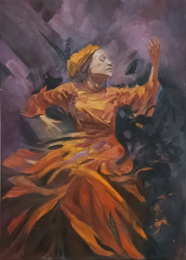 Ein expressionistisches Ölgemälde einer tanzenden Figur in einem fließenden, orange-roten Gewand vor einem tiefvioletten, abstrakten Hintergrund. Die Person hält eine Hand beschwörend nach oben, die Augen sind geschlossen. Kräftige Pinselstriche betonen die dynamische Bewegung.