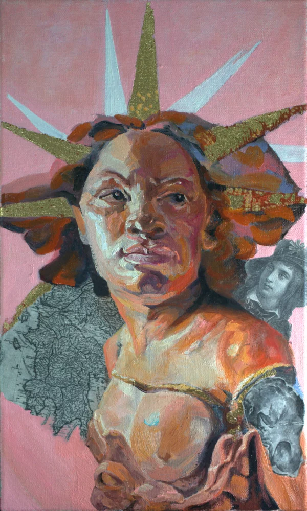 Porträt einer Frau als moderne Freiheitsikone, kombiniert aus Ölmalerei und Collage-Elementen auf rosafarbenem Grund, inklusive historischer Kartenausschnitte.