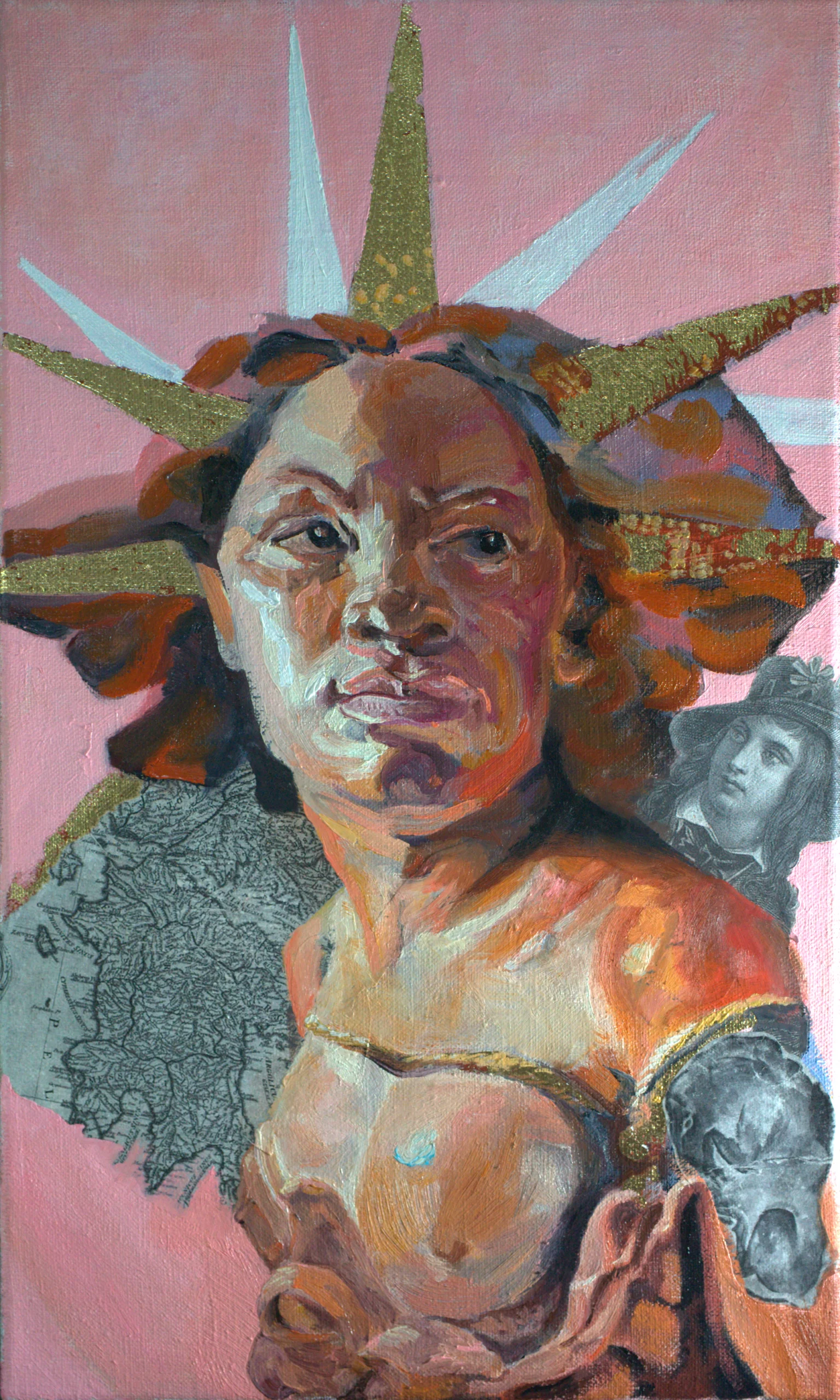 Porträt einer Frau als moderne Freiheitsikone, kombiniert aus Ölmalerei und Collage-Elementen auf rosafarbenem Grund, inklusive historischer Kartenausschnitte.