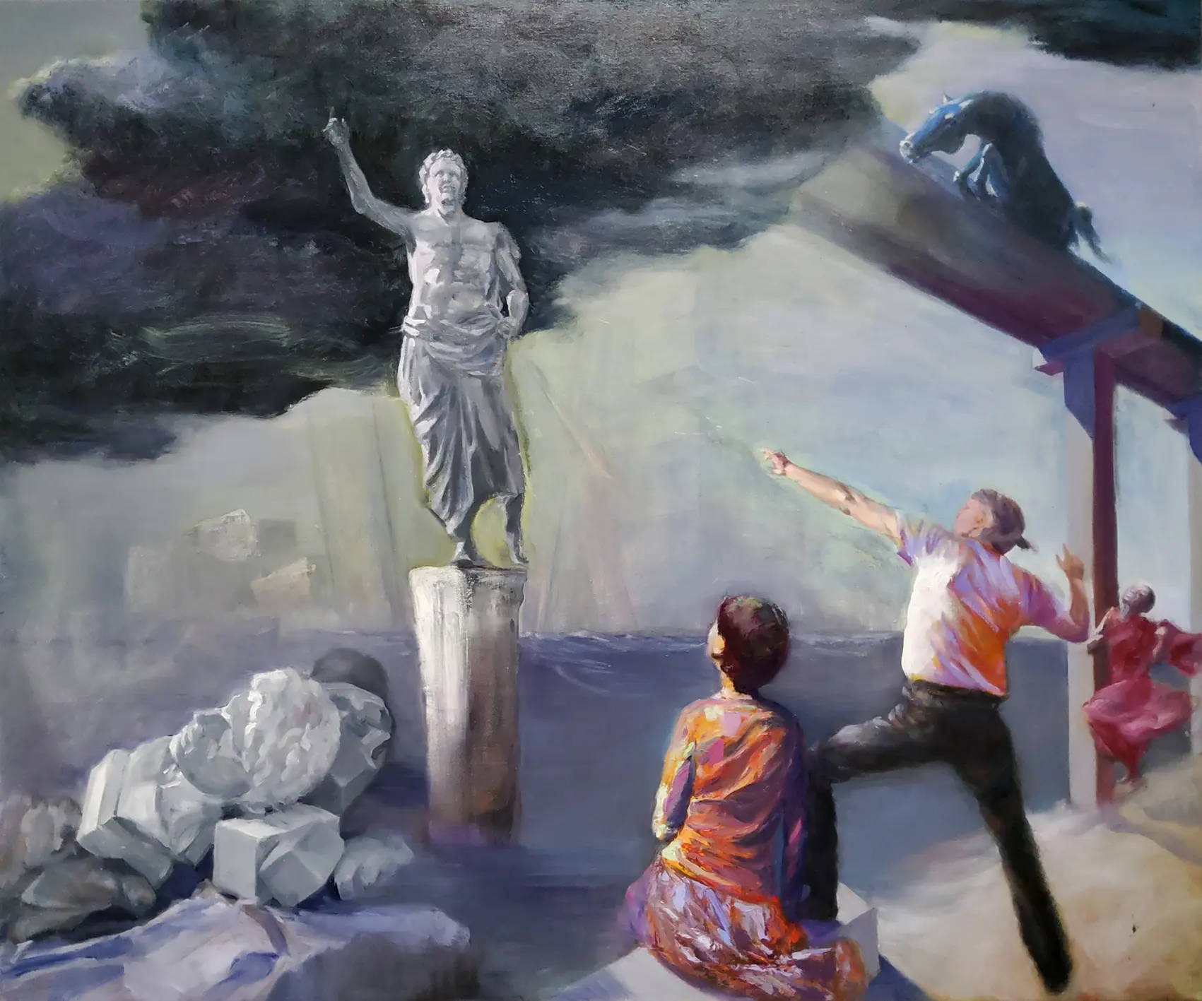 Ölgemälde: Statue auf Säule im Wasser, dunkle Wolke, Figuren am Ufer, Pferd auf Steg.