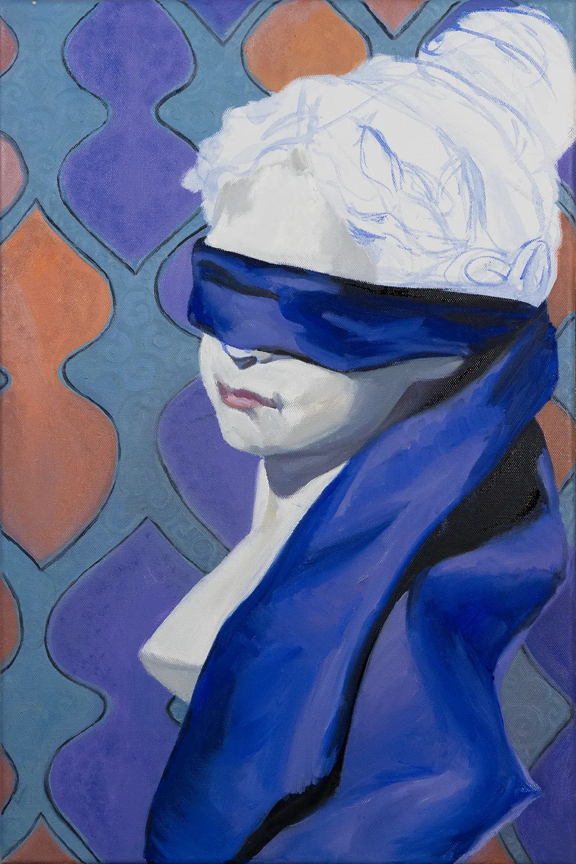 Ölgemälde: Porträt mit blauem Kopftuch und Augenbinde vor Muster aus violetten und orangen Formen.