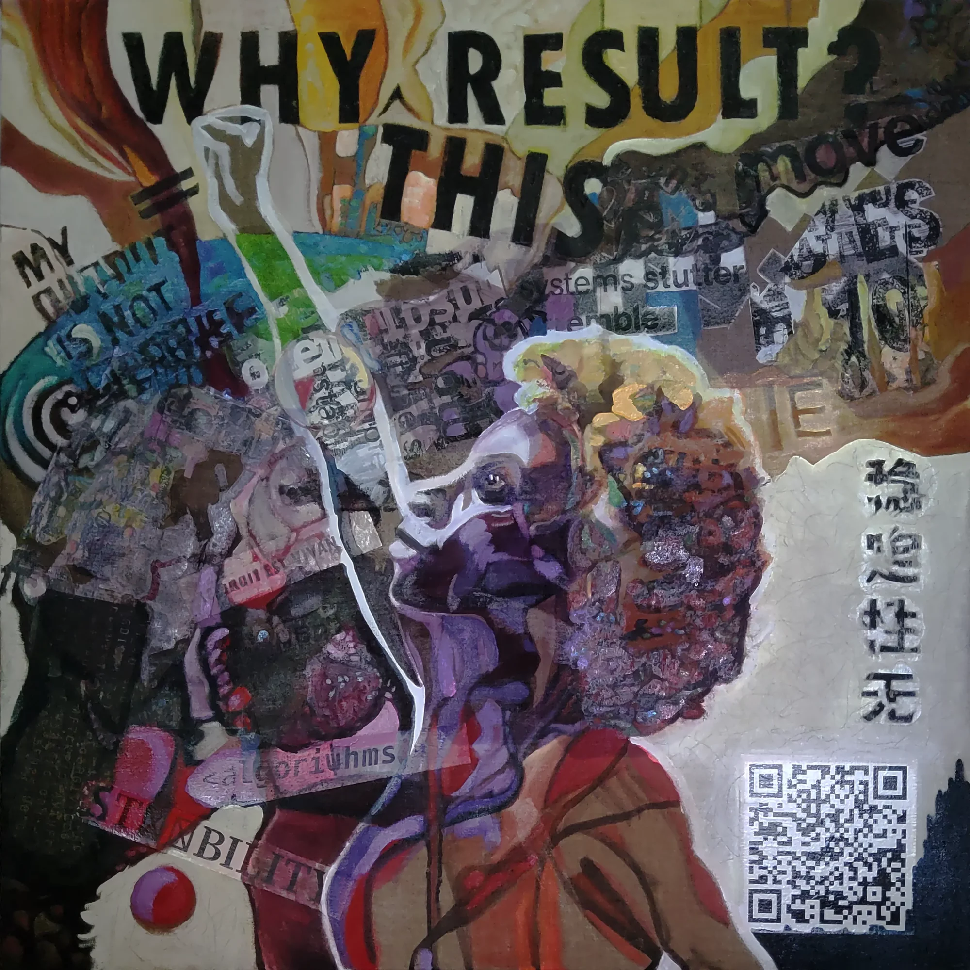 Collage mit Text „WHY RESULT? THIS“, Profilkopf in Violett, Zeitungsschnipsel, QR-Code unten rechts.