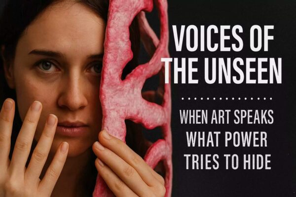 Eine junge Frau blickt ernst in die Kamera, während ihr Gesicht teilweise von einer organisch geformten, rosafarbenen Gitterstruktur verdeckt wird. Rechts daneben steht auf schwarzem Grund der Text „VOICES OF THE UNSEEN – WHEN ART SPEAKS WHAT POWER TRIES TO HIDE“.